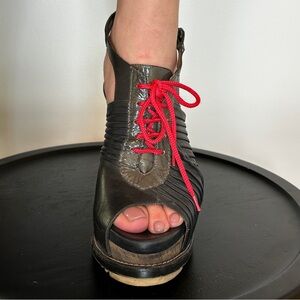 rag & bone Black Leather Open-Toe Lace-Up Heel with Red Laces